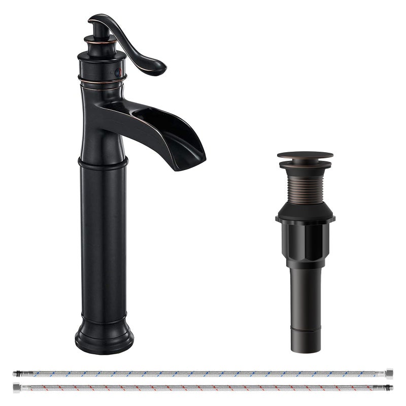 BATHFINESSE Oil Rubbed Bronze Deck Mount Faucet with Waterfall Flow, Low Lead Brass Construction, Easy Installation, Drain Assembly Included - Image 1